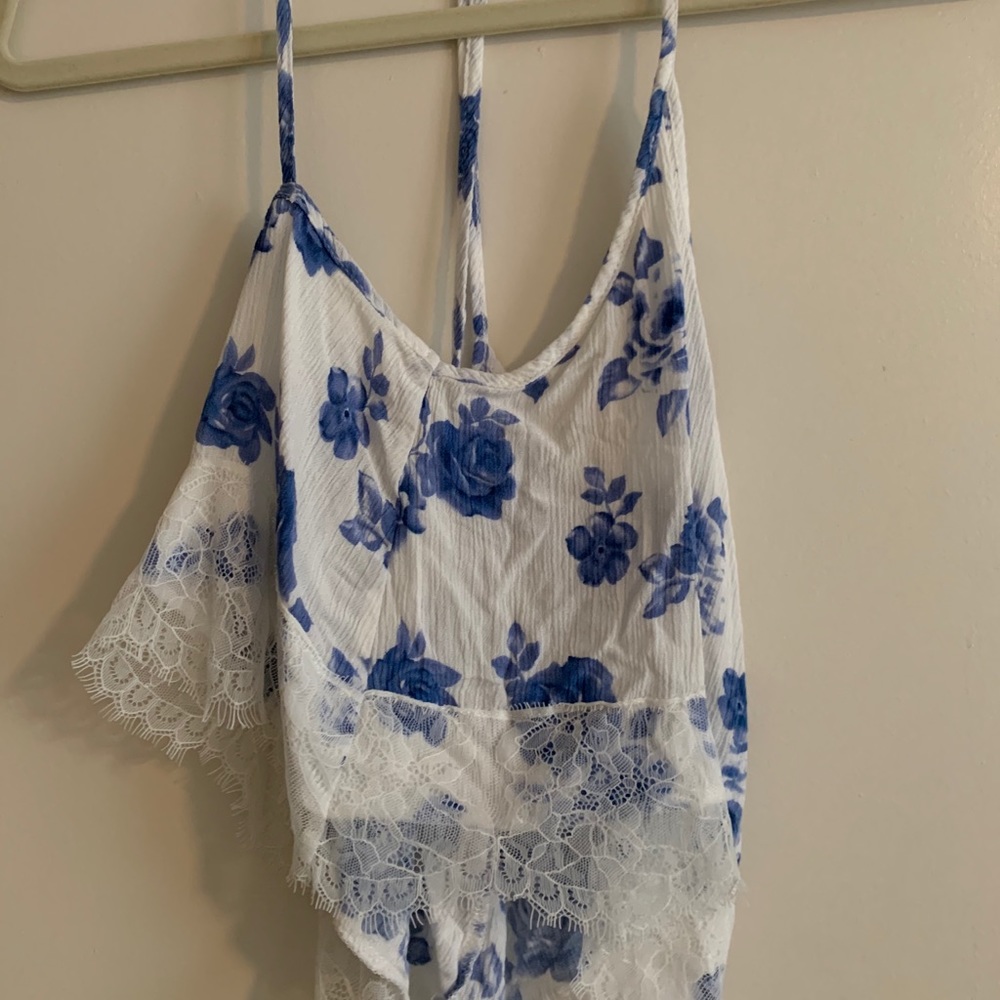 Blue and White Floral Crop Top with Lace Detail